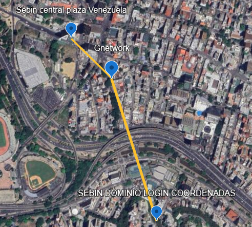 Map showing 400-meter proximity between G-Network infrastructure and SEBIN headquarters